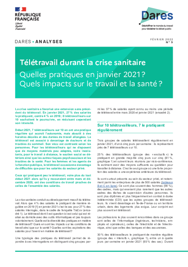 Fichier PDF Télétravail durant la crise sanitaire Quelles pratiques en janvier 2021 ? Quels impacts sur le travail et la santé ?